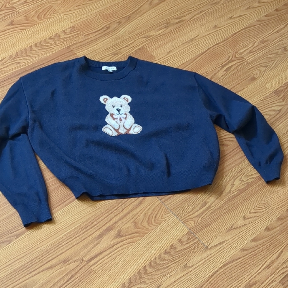 Blue Crewneck Sweater with Teddy Bear Design